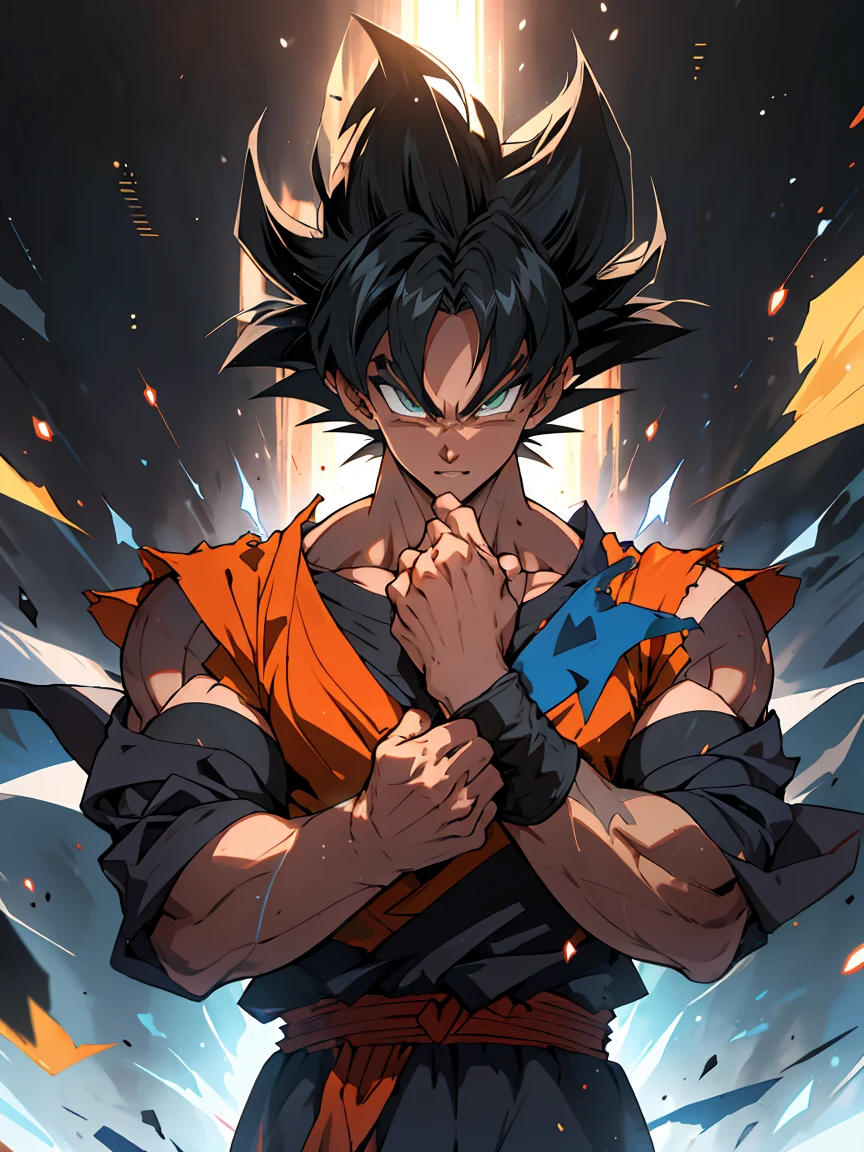 二次要素,style of shonen 元気が出た artwork,Son Goku ,比率は正しいです.,顔の詳細,非常に詳しい eyes,髪型,ネックの詳細,衣服の詳細,戦いの準備,半袖,ゲームの品質,光と影の追跡,レイトレーシング,緻密な輝き,cg レンダリング,髪の詳細,エレガント,エレガント,（若々しい感覚）,服装は複雑です, 完璧な構成,洗練,高品質,より詳細な情報,多くの詳細, 背景にはコスモス, 背景が複雑, 雰囲気, ハッピー looking, ((元気が出た))((派手)), 8k, ((傑作)), 高解像度, 非常に詳しい, 無駄に去る, プロ,クラウドスティック,悟空,スーパーサイヤ人, 全身アートワーク, 空間の中で, (ハッピー), (黒い毛皮:1.2)