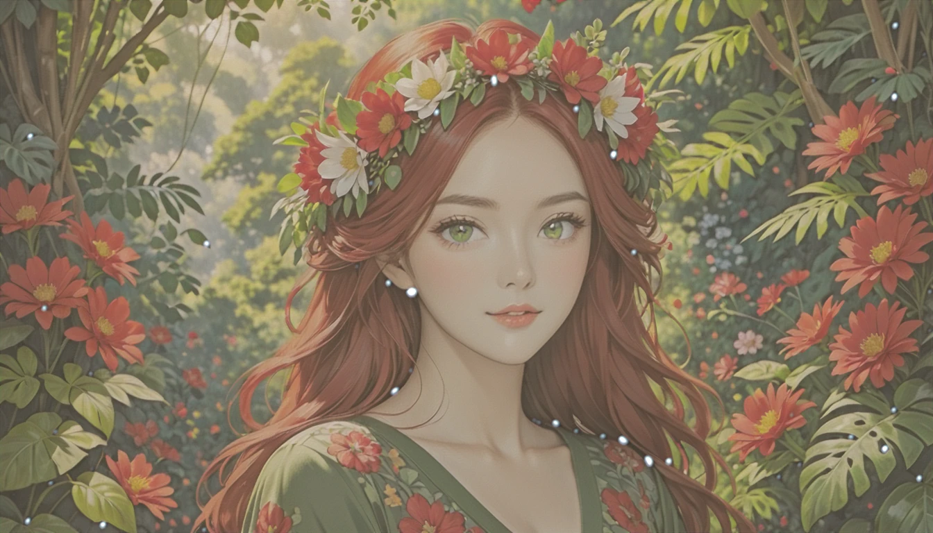 The image portrays a young woman with striking red hair, adorned with a crown of vibrant red flowers and lush green leaves. Her eyes, a captivating shade of green, seem to sparkle with a hint of mischief. She is dressed in a green top that complements the floral crown, adding to the overall harmony of the scene. The background is a lush tapestry of greenery, with various plants and flowers that blend seamlessly with her attire and the floral crown. The image exudes a sense of tranquility and natural beauty, as if the woman is a living embodiment of the forest's enchantment.