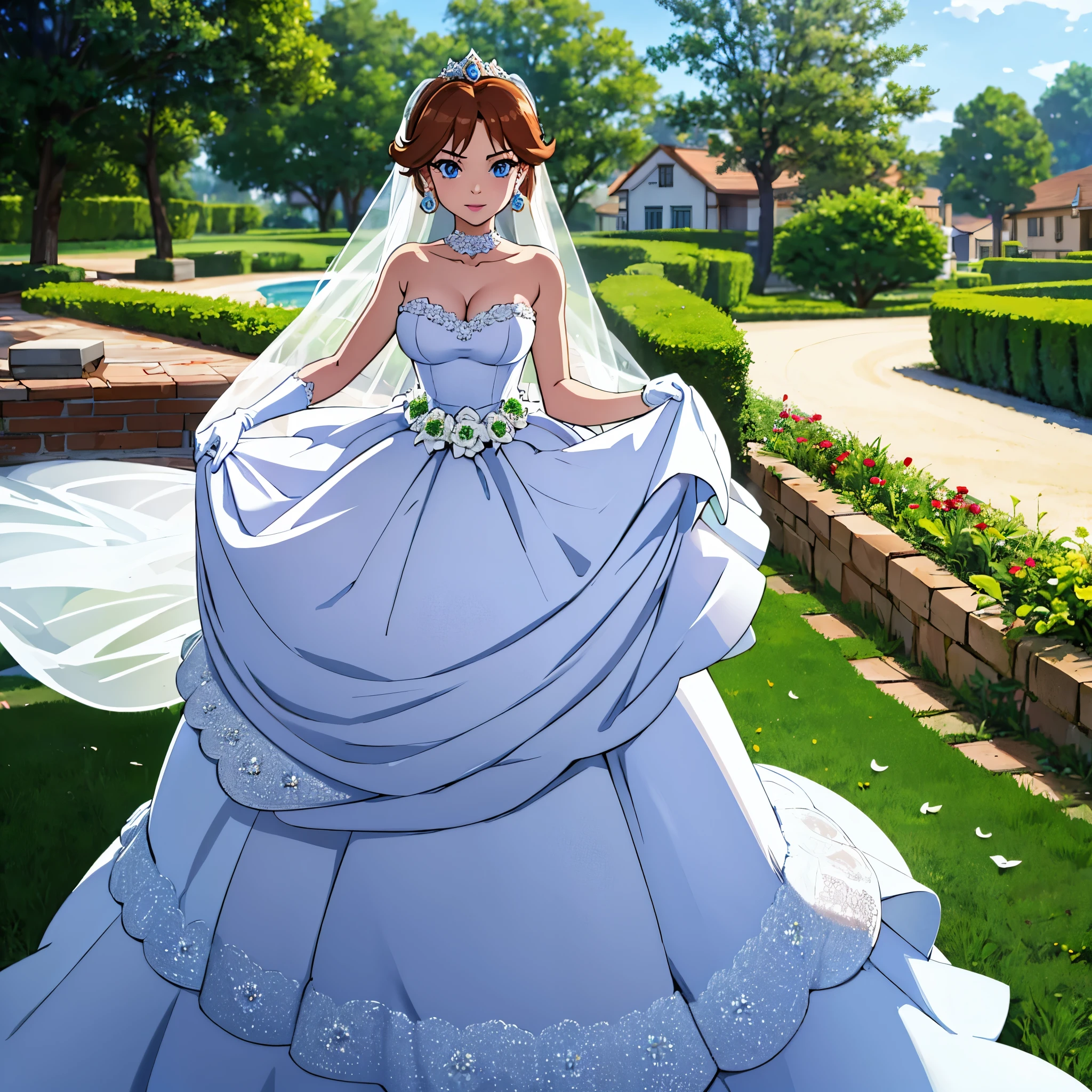 1girl ,princess_daisy, blue eyes ,earrings ,lipstick, eye shadow, makeup, hair between eyes, ahoge, hair ornament, gloves, dress, cleavage, bare shoulders, collarbone, white oprea gloves, white gloves, white dress, strapless, white choker, tiara, veil, strapless dress, wedding dress, bridal veil, beautiful woman, perfect body, perfect breasts, wearing a wedding dress, ball gown, in the park trees, wedding decorations, looking at the viewer,  smile, realism, masterpiece, textured skin, super detail, high detail, high quality, best quality, 1080p,