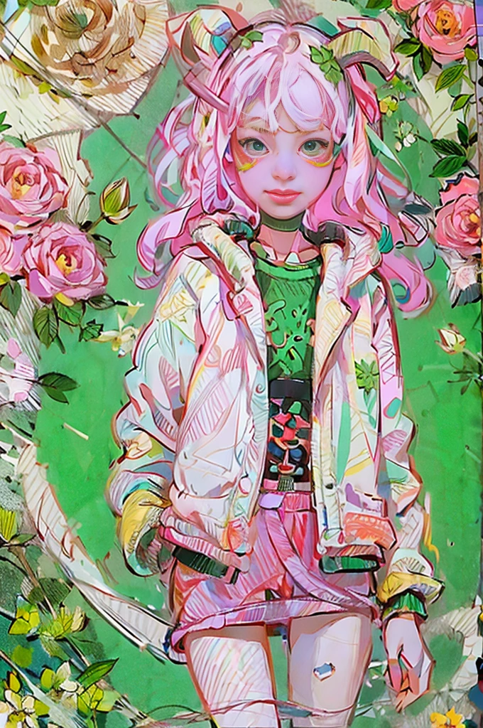 Designed by nty, A woman is, Professional t-shirt design vector,Tokar, 8K, hyper HD, Albino demon girl standing, colorful clothes, shot from far away, (largeeyes, Eyes are delicate and beautiful, Beautiful and delicate face, Details on the face), ( Green curls:1.3) , pink rose bush, winking ,(long and complex horns:1.2) Sneakers with socks, white backgrounid, Complicated details, coloured background, Abstract Task completed20%