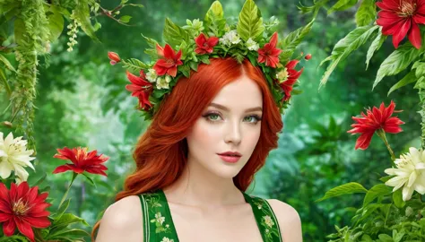 The image portrays a young woman with striking red hair, adorned with a crown of vibrant red flowers and lush green leaves. Her ...