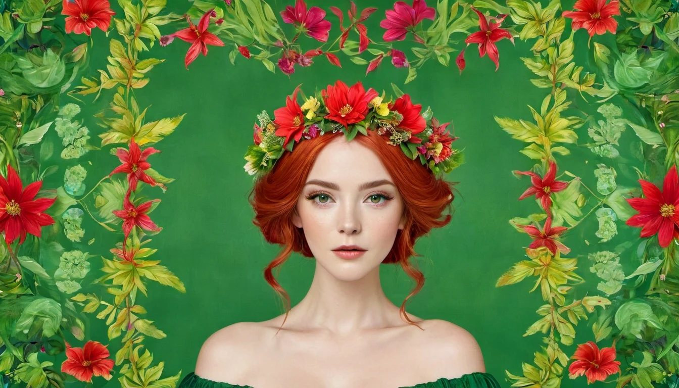 The image portrays a young woman with striking red hair, adorned with a crown of vibrant red flowers and lush green leaves. Her eyes, a captivating shade of green, seem to sparkle with a hint of mischief. She is dressed in a green top that complements the floral crown, adding to the overall harmony of the scene. The background is a lush tapestry of greenery, with various plants and flowers that blend seamlessly with her attire and the floral crown. The image exudes a sense of tranquility and natural beauty, as if the woman is a living embodiment of the forest's enchantment.