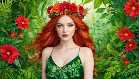 The image portrays a young woman with striking red hair, adorned with a crown of vibrant red flowers and lush green leaves. Her ...