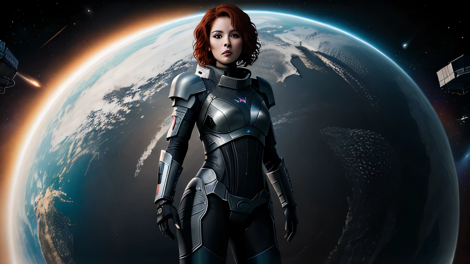 full body shot of a woman with short red curly hair wearing n7armor in space, simple black background cute face, beautiful model body, realistic skin, dramatic lighting, ultra realistic, carbon fiber armor, armor shine, wallpaper, intricate, sharp focus, ray tracing, rtx, professionally color graded, professional photography, masterpiece, ultra detailed, high quality, best quality, 4k, 8k, raw 