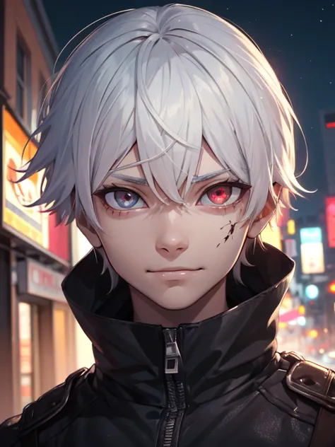 8k, animado, retrato, mejor calidad, ultra high resolution, ultra detallado, alta calidad:1.4), (kaneki-ken), pelo blanco, ojo r...