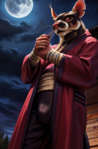 low-angle view,
standing, night, moonlight, clothed, kimono, red kimono, rat tail, red eyes, goatee, brown body, white fur, black fur, bandages, safe,
(master splinter:1.2), looking at viewer, front view, solo, topwear, bottomwear, bulge
BREAK,
by bruteandbrawn, by personalami, by kenket, (intricate, high detail, film photography, soft focus, RAW candid cinema,
photorealism, realistic, photorealistic, analog style, subsurface scattering,
masterpiece, best quality, ultra realistic, 8k)