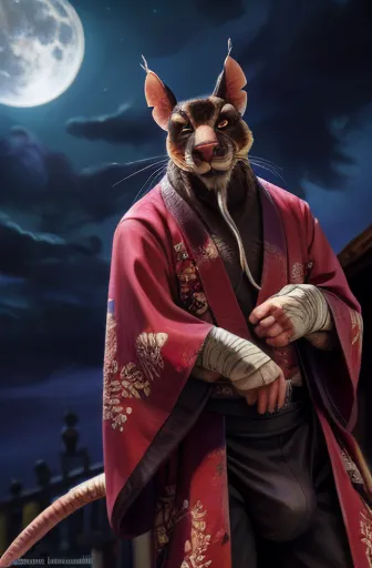 low-angle view,
standing, night, moonlight, clothed, kimono, red kimono, rat tail, red eyes, goatee, brown body, white fur, blac...