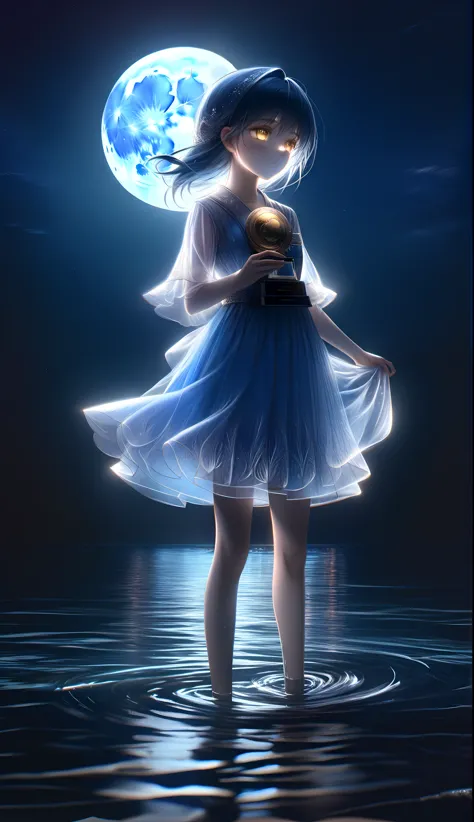 one princess, standing on water, at night, the young girl, graceful face, blue moon light, detailed face, illusory scenne, calm,...