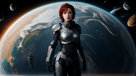 full body shot of a woman with short red curly hair wearing n7armor in space, simple black background cute face, beautiful model...