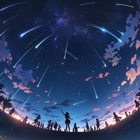 Anime drawings inspired by Makoto Shinkai, A girl throws a star into the dark sky, Shooting stars radiating from the night sky, ...