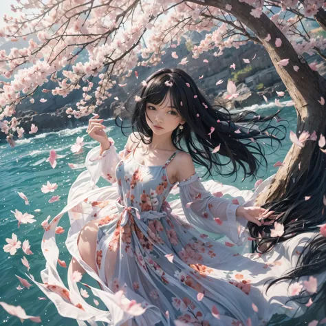 1girl,black hair, floating hair, seaside,scenery,landscape,cherry blossoms, falling petals, sunbeam,god rays,upper body,  dress,...
