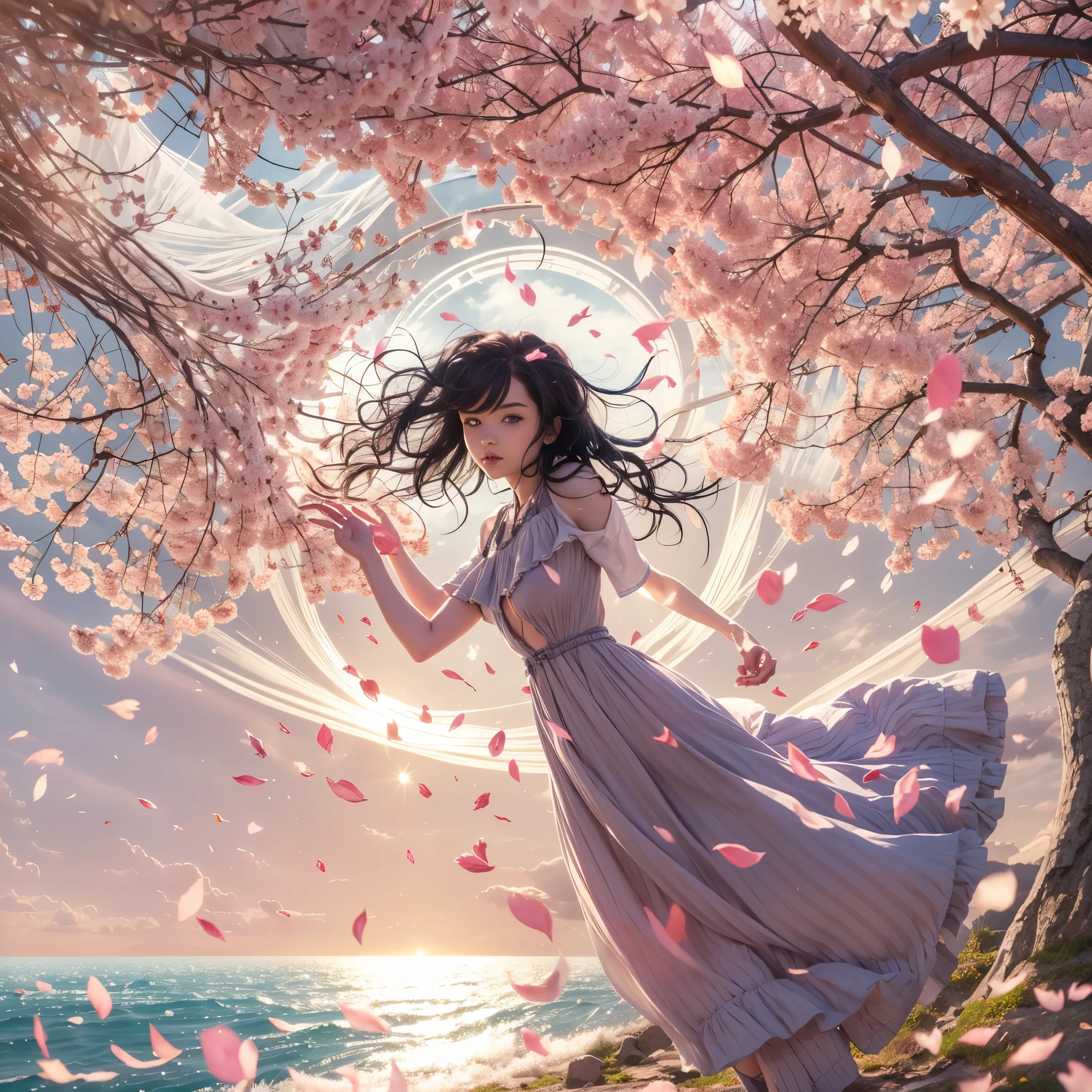 1 Mädchen,schwarzes Haar, schwebendes Haar, seasiDe,Landschaft,lanDscape,Kirschblüten, fallende Blütenblätter, Sonnenstrahl,goD rays,upper boDy,  Dress, viel.D