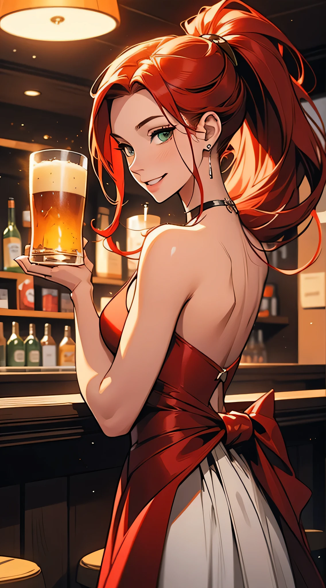 best quality, expressive eyes, perfect face,  a young model in a pub. She is wearing a revealing red dress. average height, long red hair, white and delicate skin, green eyes with brown spots, oval face, unforgettable smile, sweet and bright smile, raised corners of the mouth. perfection, cinematic, intricate, insanely detailed, niji style, vray tracing, global lighting, HDR, 32k, ponytail, elegant makeup, thot