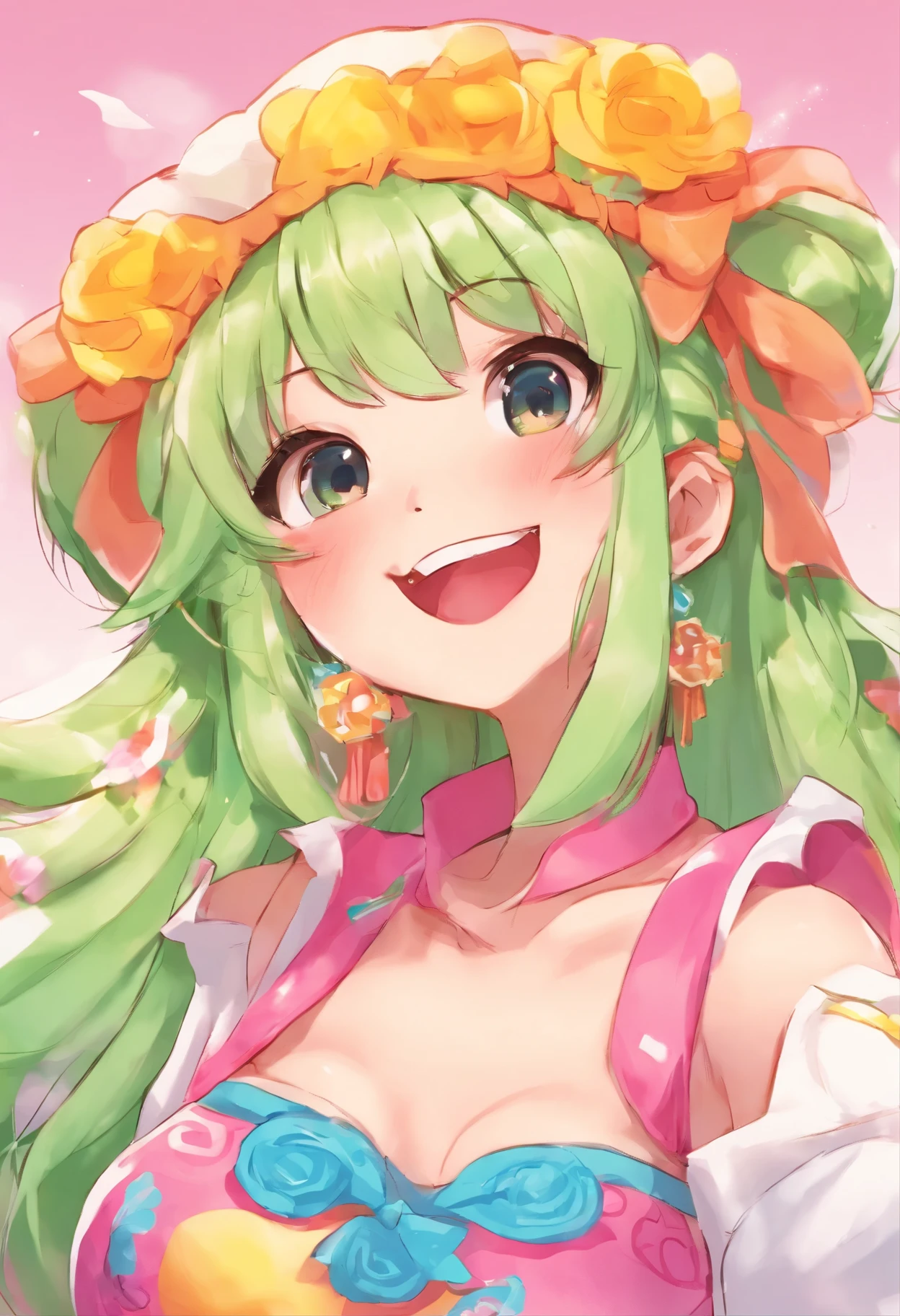 Chica anime con cabello verde y un vestido rosa y una corona de flores -  SeaArt AI