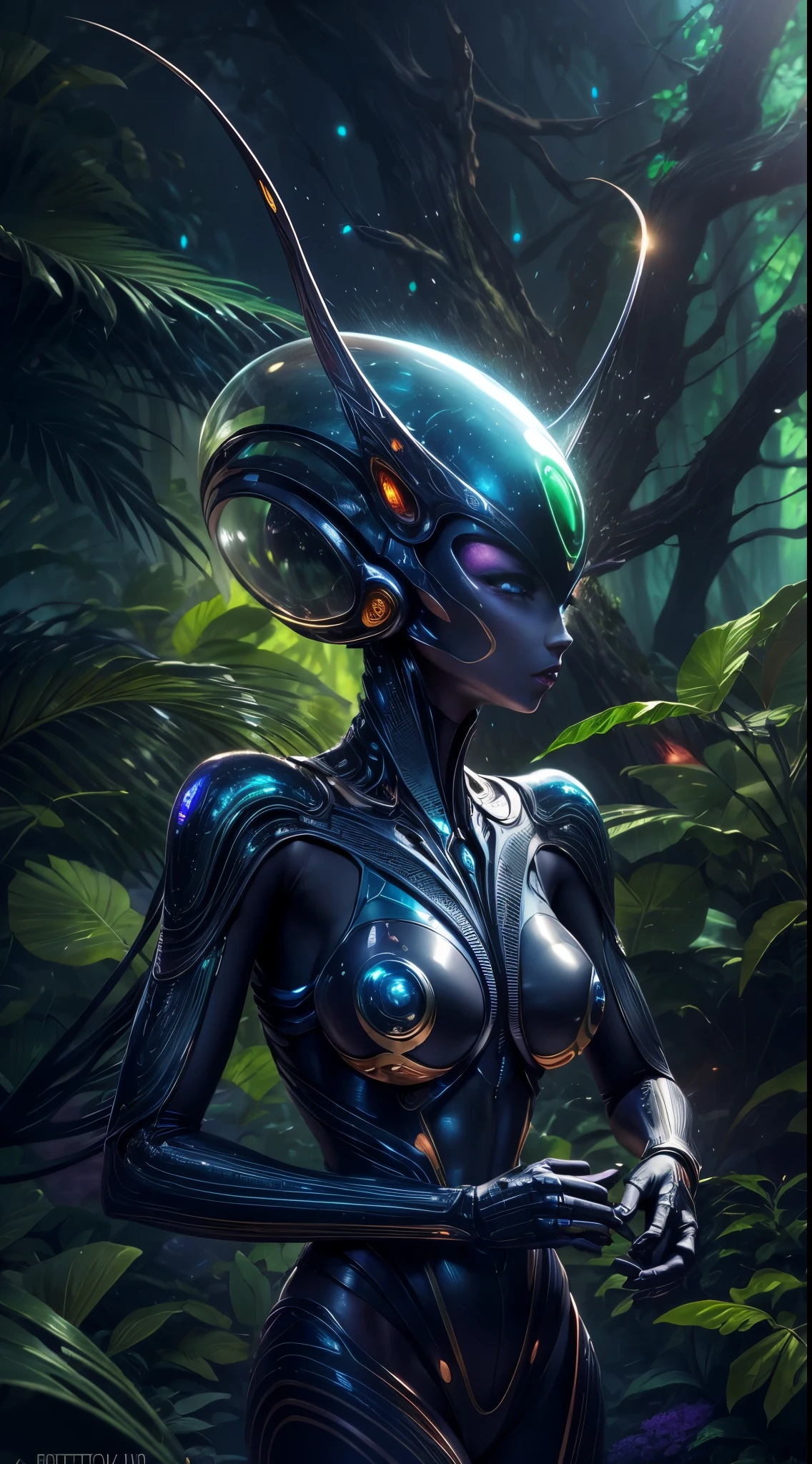 Photo fascinante d&#39;un extraterrestre vêtu d&#39;un costume brillant avec une tête de fourmi, gros seins, Mamelons dressés, je&#39;Je me tiens au milieu d&#39;une végétation luxuriante, Forêt bioluminescente sur une planète extraterrestre. Son apparence super réaliste s&#39;harmonise avec la flore exotique., créer une image de coexistence harmonieuse.