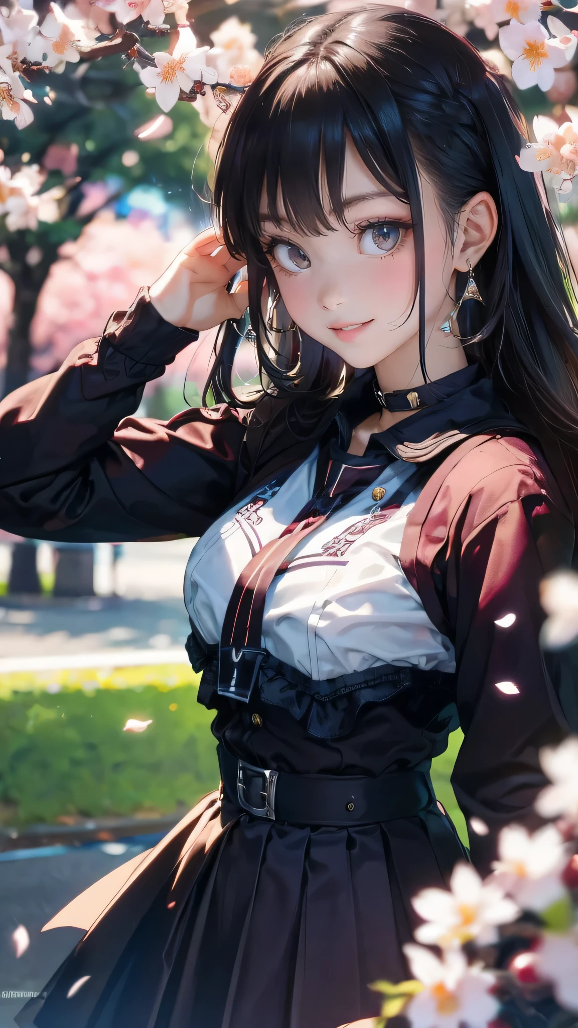 girl riding a motorcycle,A park where cherry blossoms dance,high school girl,(random cute pose),(random hairstyle),(Highest image quality,(8K), Ultra-realistic, Best Quality, High quality, High Definition, high quality texture, high detailing, Beautiful detailed, fine detailed, extremely details CG, Detailed texture, realistic representation of face, masterpiece, presence)