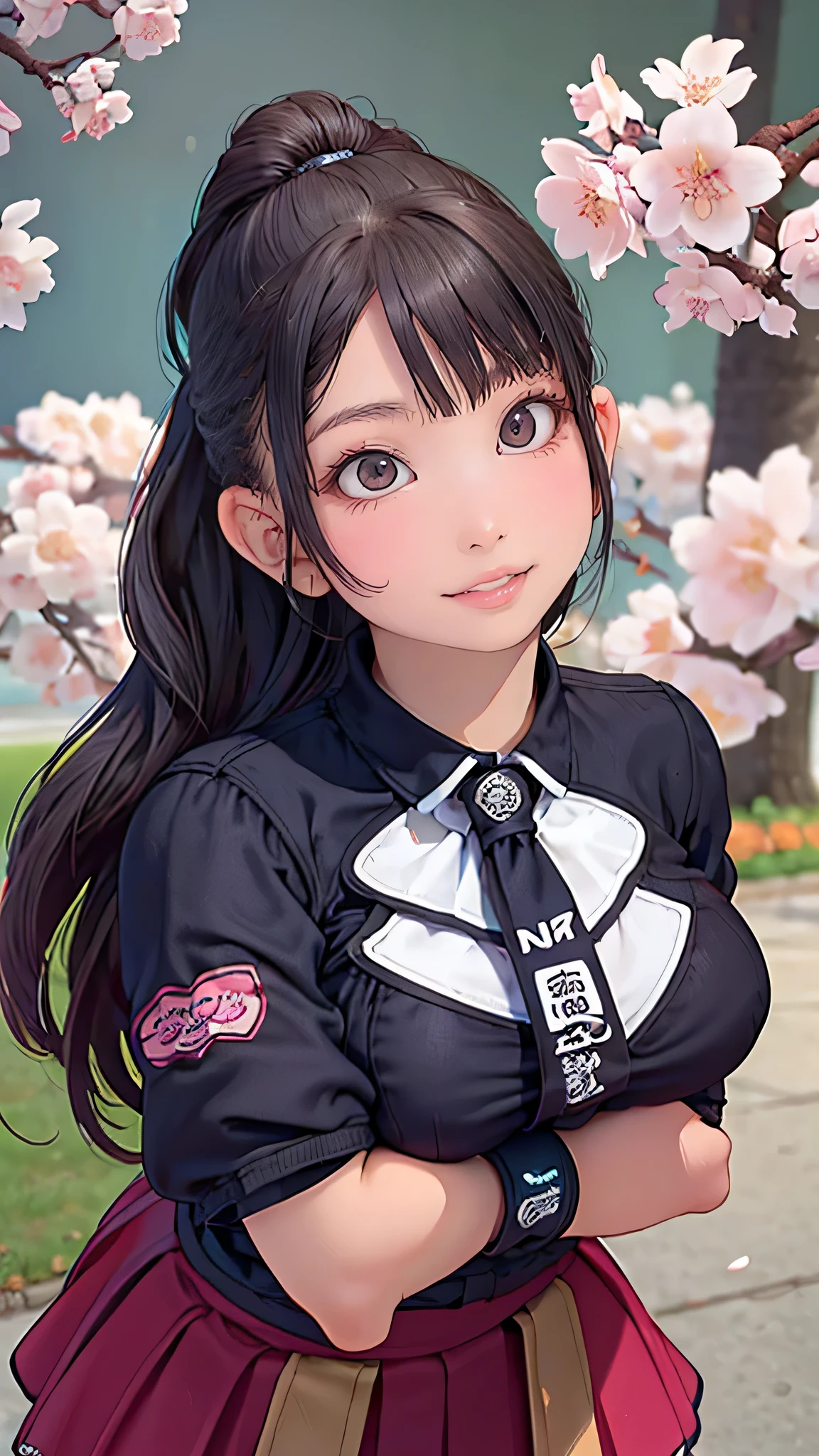 girl riding a motorcycle,A park where cherry blossoms dance,high school girl,(random cute pose),(random hairstyle),(Highest image quality,(8K), Ultra-realistic, Best Quality, High quality, High Definition, high quality texture, high detailing, Beautiful detailed, fine detailed, extremely details CG, Detailed texture, realistic representation of face, masterpiece, presence)