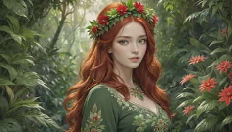 the image portrays a young woman with striking red hair, adorned with a crown of vibrant red flowers and lush green leaves. her ...