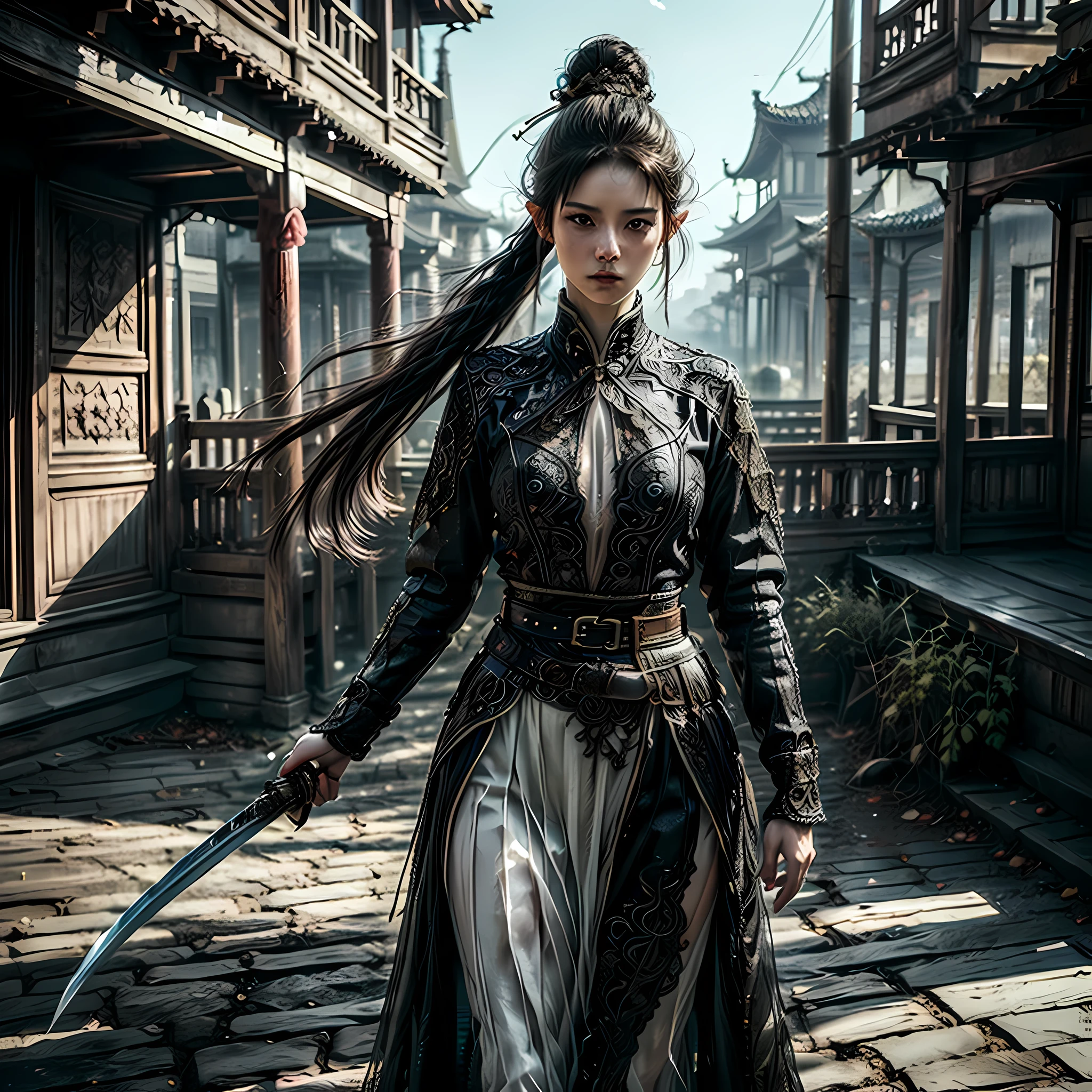 a picture of a female elf (intense details, Masterpiece, best quality: 1.5) fantasy swashbuckler, fantasy fencer, armed with a slim sword, shinning sword, metallic shine, colorful clothes, dynamic clothing, an ultra wide shot, full body (intense details, Masterpiece, best quality: 1.5)epic beautiful female elf (intense details, Masterpiece, best quality: 1.5), rich hair, braided hair, small pointed ears, GlowingRunes_pink [colorful magical sigils in the air],[ colorful arcane markings floating] (intricate details, Masterpiece, best quality: 1.6), holding a [sword] (intricate details, Masterpiece, best quality: 1.6) holding a [sword glowing in red light]fantasy urban street (intense details, Masterpiece, best quality: 1.5),  purple cloak, long cloak (intense details, Masterpiece, best quality: 1.5), sense of daring, sense of adventure,  high details, best quality, 8k, [ultra detailed], masterpiece, best quality, (extremely detailed), dynamic angle, ultra wide shot, photorealistic, RAW, fantasy art, dnd art,fantasy art, realistic art, xuer Ancient Chinese sword