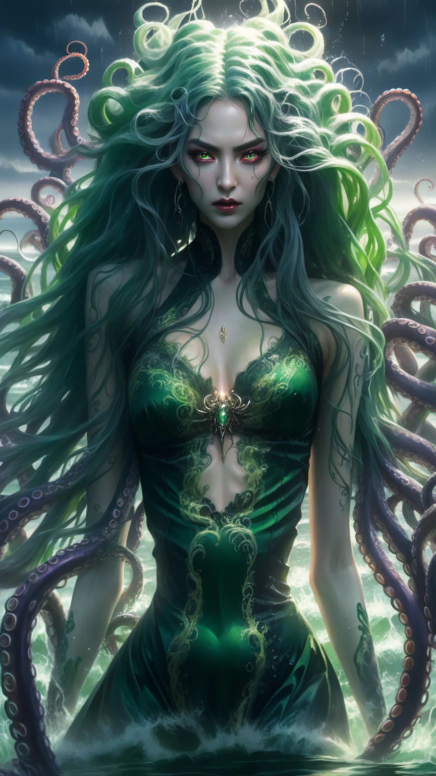 pintura de bruxa do mar, Cabelo verde comprido, mal, mal党, ela está vindo até você, fechar-se, Mar Escuro,( na água:1.1), raio, olhos brilhantes, usando um vestido feito de algas, Tentáculos, Polvo, (fechar-se:1.3)