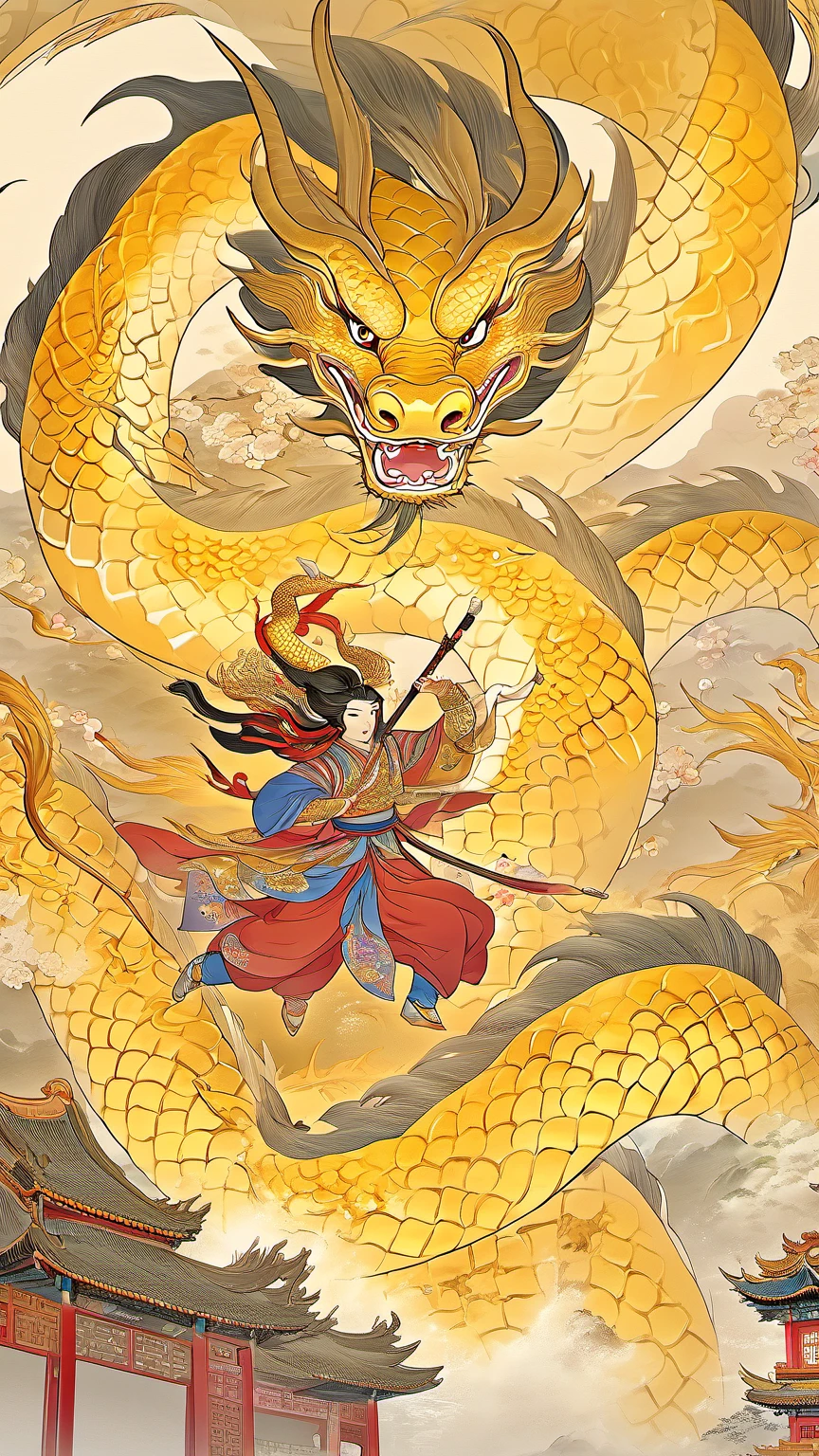 ((masterpiece)),((highest quality)),((Official Art)),(Very detailed CG ユニティ 8k 壁紙),((Very detailed)),((figure)),Traditional Chinese Painting,((Chinese Wind)),Golden Dragon,