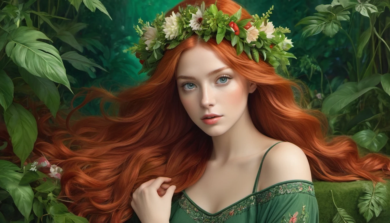 The image portrays a young woman with striking red hair, adorned with a crown of vibrant red flowers and lush green leaves. Her eyes, a captivating shade of green, seem to sparkle with a hint of mischief. She is dressed in a green top that complements the floral crown, adding to the overall harmony of the scene. The background is a lush tapestry of greenery, with various plants and flowers that blend seamlessly with her attire and the floral crown. The image exudes a sense of tranquility and natural beauty, as if the woman is a living embodiment of the forest's enchantment.