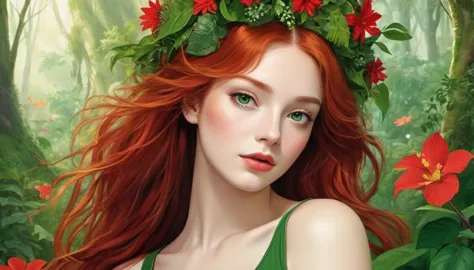 The image portrays a young woman with striking red hair, adorned with a crown of vibrant red flowers and lush green leaves. Her ...