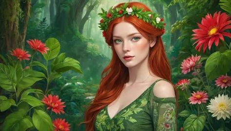 The image portrays a young woman with striking red hair, adorned with a crown of vibrant red flowers and lush green leaves. Her ...