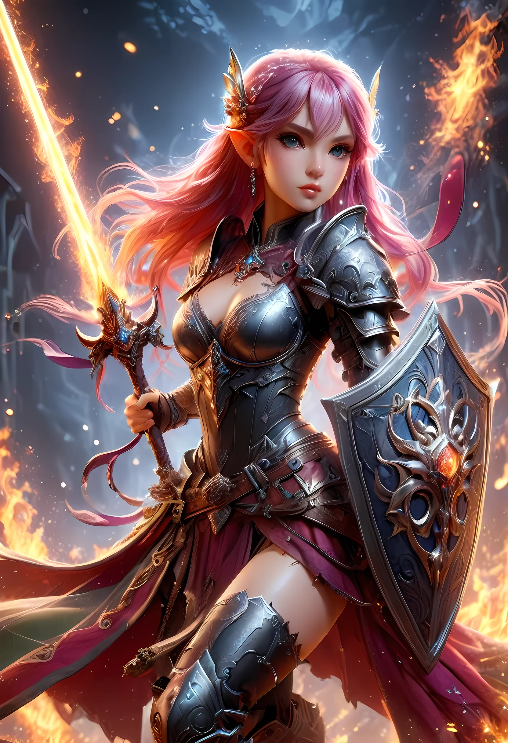 a picture of a female elf (intense details, Masterpiece, best quality: 1.5) fantasy swashbuckler, fantasy fencer, armed with a slim sword, shinning sword, metallic shine, colorful clothes, dynamic clothing, an ultra wide shot, full body (intense details, Masterpiece, best quality: 1.5)epic beautiful female elf (intense details, Masterpiece, best quality: 1.5), rich hair, braided hair, small pointed ears, GlowingRunes_pink [colorful magical sigils in the air],[ colorful arcane markings floating] (intricate details, Masterpiece, best quality: 1.6), holding a [sword] (intricate details, Masterpiece, best quality: 1.6) holding a [sword glowing in red light]fantasy urban street (intense details, Masterpiece, best quality: 1.5),  purple cloak, long cloak (intense details, Masterpiece, best quality: 1.5), sense of daring, sense of adventure,  high details, best quality, 8k, [ultra detailed], masterpiece, best quality, (extremely detailed), dynamic angle, ultra wide shot, photorealistic, RAW, fantasy art, dnd art,fantasy art, realistic art, faize, Sword and shield