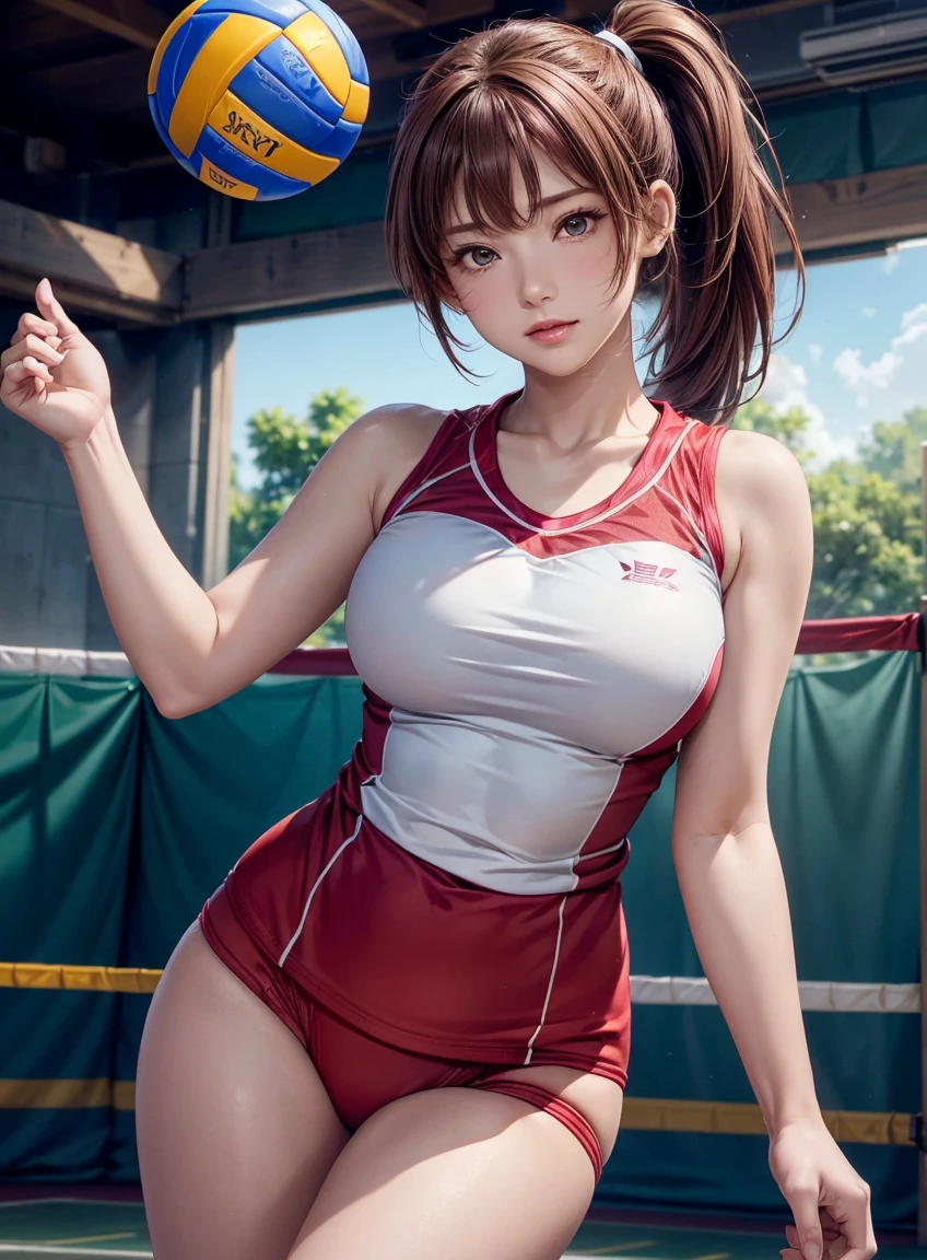 (highest quality:1.3), High resolution, Very detailed, Very detailedな CG Unity 8k 壁紙, Realistic, photo-Realistic, RAW Photos, Beautiful and dense face, White skin, Realistic glistening skin, High-quality fabric, Detailed hair texture, Perfect body, Beautiful Features, Accurate, Anatomically correct, Very detailedな顔と肌の質感, One Girl, cute, Redhead, ((Side Ponytail, Brown eyes: 1. 2)), ((Slanted Eyes:1.3))、Thick bangs, (Glamour Woman: 1. 2), ((Volleyball Uniforms、Sleeveless shirt))、((Arena、Volleyball court))、Volleyball Player