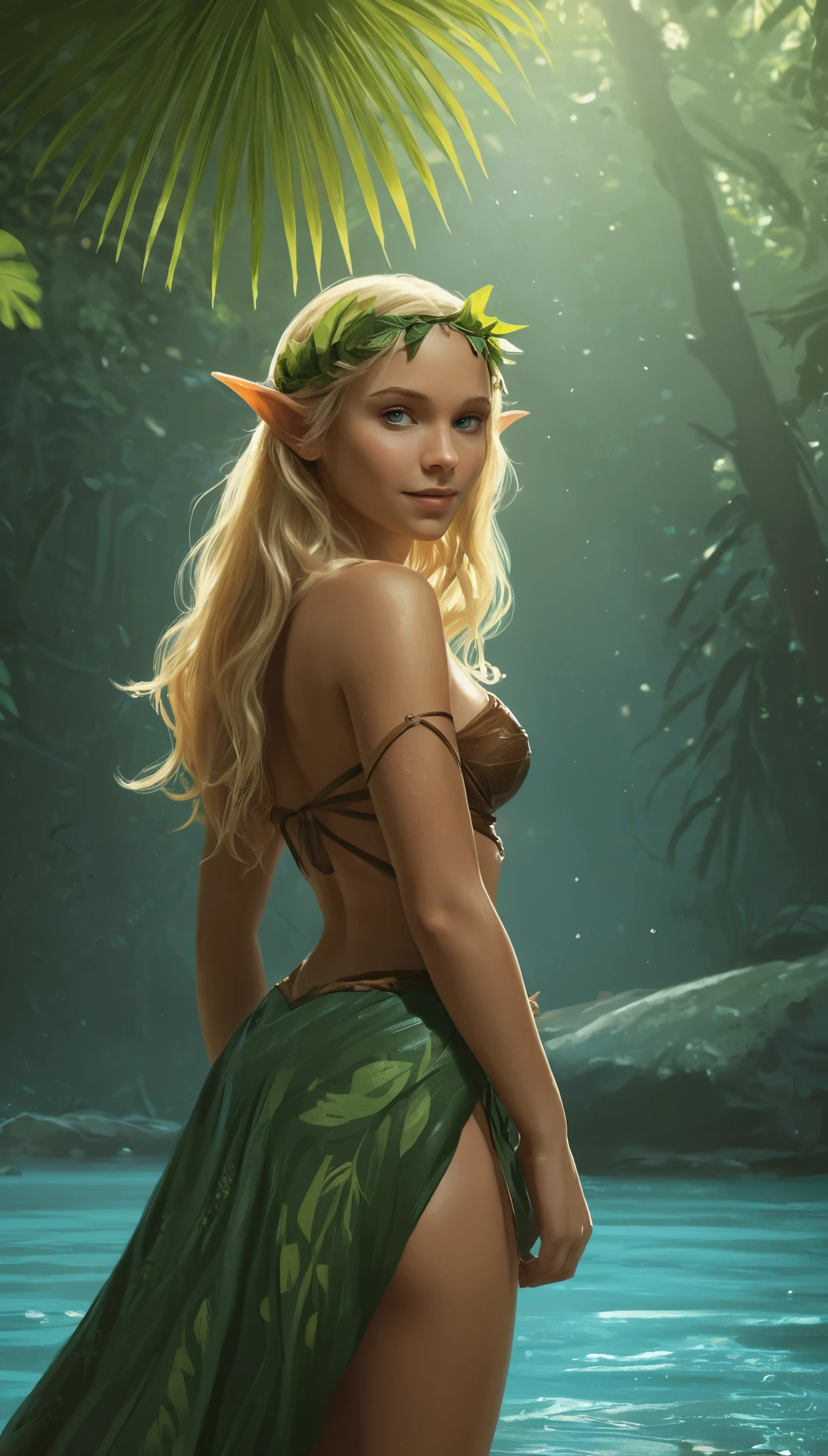 An illustrated movie poster, hand-drawn, full color, a young elven girl, elf, wearing a leaf-covered loincloth, warm brown complexion, sun-tanned skin, pointy elf ears, azure eyes, blonde hair, long loose waves, waist-length hair, posing in a tropical swimming hole, hard shadows, graphite shading, stencil marks, airbrushed acrylic paint, masterpiece, in the style of Rockstar Games