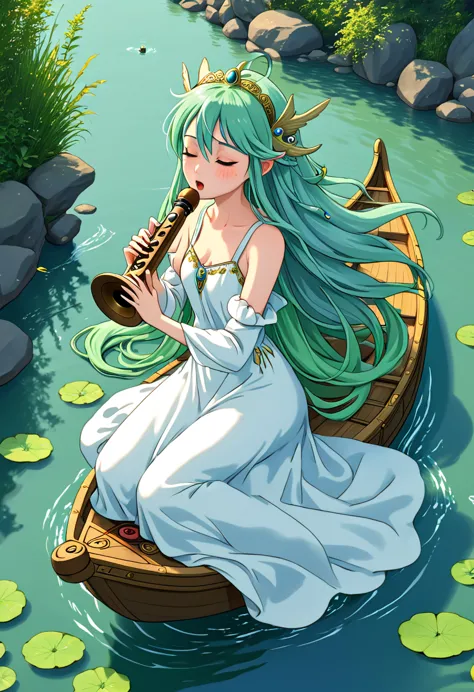 medieval fantasy, an undine fairy, long green hair, half-closed eyes, pale blue skin, white nightgown with very detailed gold em...