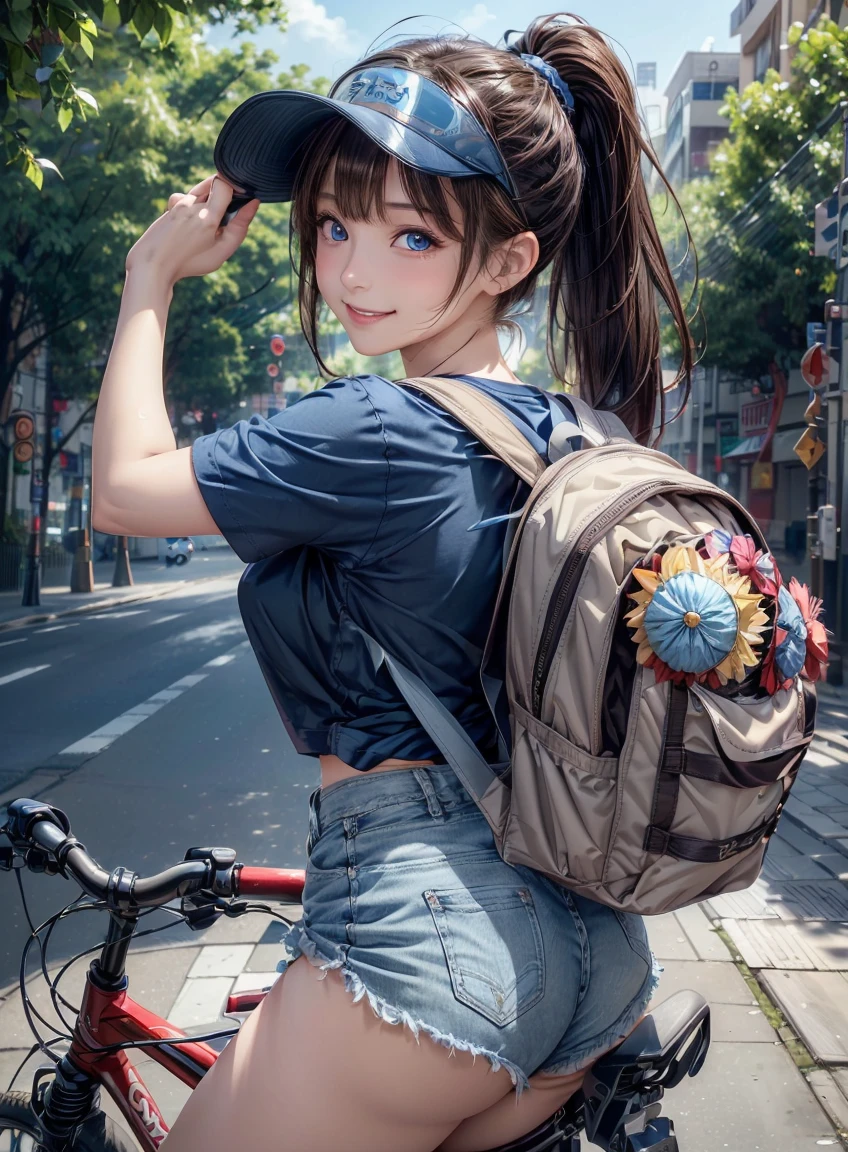 Beautiful Features、Japanese、brown hair、((ponytail、deep blue eyes:1.2))、Shiny and smooth hair, Thick bangs、(Bright smile:1.2), ((Image Processing Algorithms：1.2))、Highly detailed eyes, highest quality, Ultra HD, High resolution, Beautiful and vivid illustrations、High Contrast、Tonal correction、Ultra-realistic oily and glossy skin, Super quality, High resolution CG ユニティ 8K 壁紙, RAW Photos, Accurate Fingers, Anatomically correct,((T-Shirts、Kneakers、Sun visor、Large backpack on the back:1.2))、((ride a bicycle、Pedal with your foot、Uber eats delivery man:1.1))