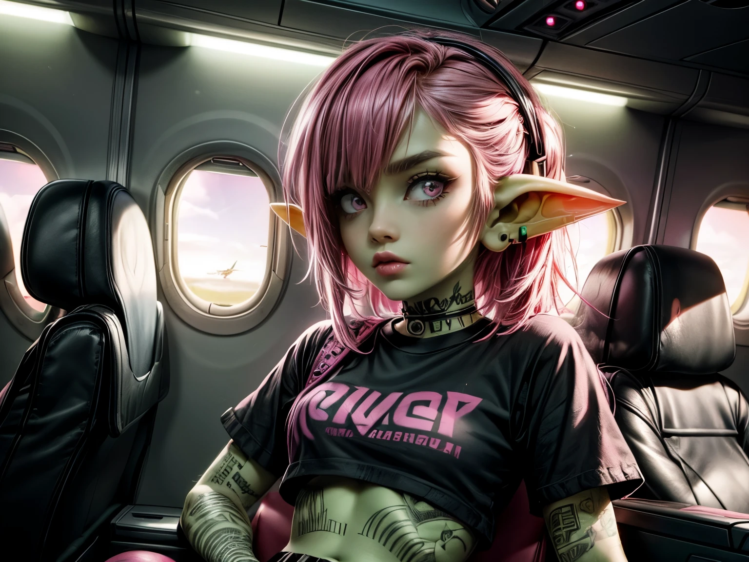 absurd resolution, ((best quality)), ((masterpiece)), (very detailed), 4k, goblin girl, hardcore punk rocker, pink hair, cropped shirt, red punk skirt, pink eye makeup, ripped fishnets, green skin, small pointy ears, nose piercing, sitting in a first class airplane seat, listening to headphones