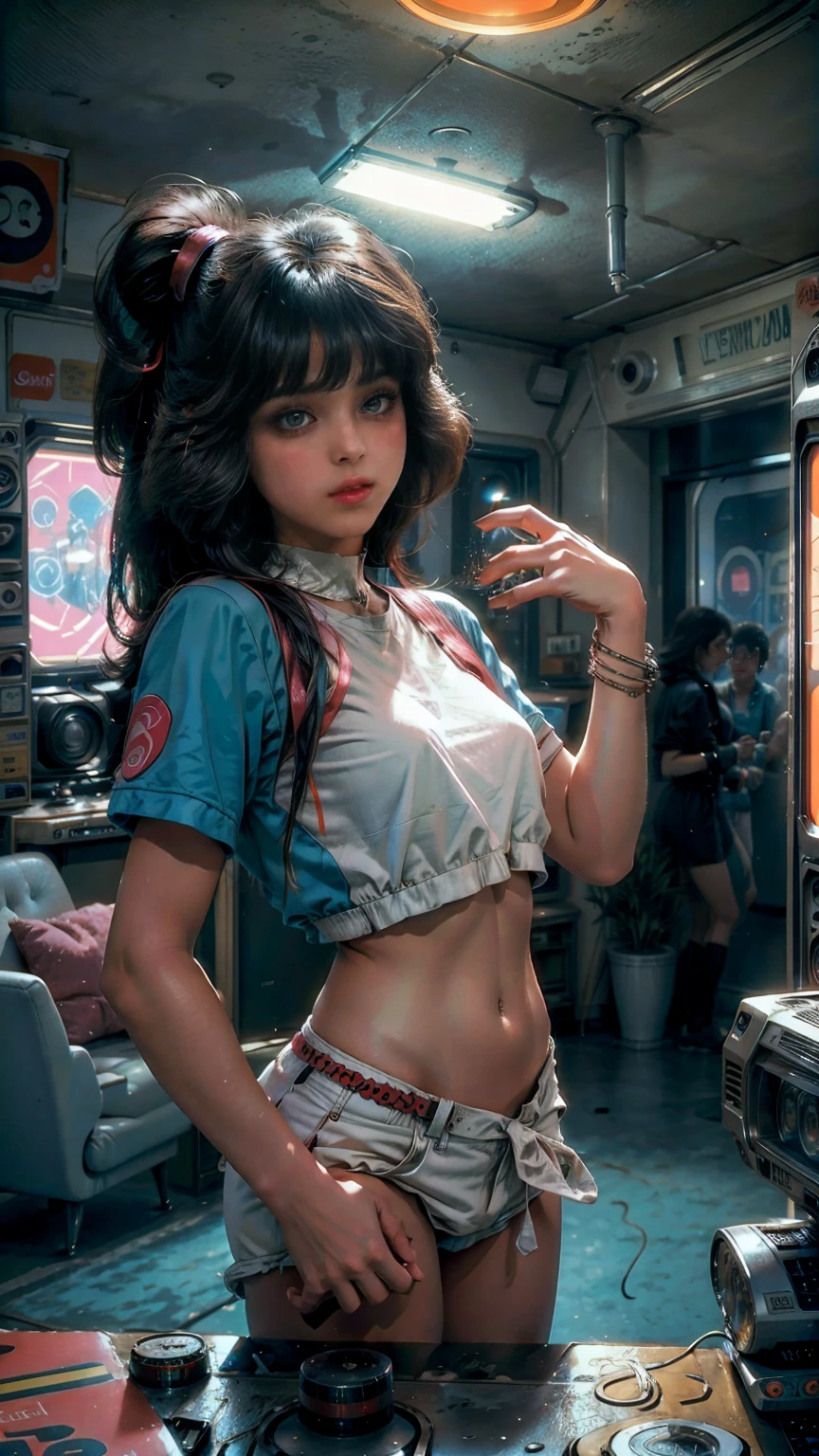 高視角 shot, In the heart of the retrowave 80's world, a young beautiful woman with 80's style side ponytail, 80's fashion sexy clothing. in a retrowave gamer rest room with 80's style, 復古電腦和牆上的海報, 感性的姿勢, 營造出復古浪潮的氛圍, 她周圍的能量和霓虹燈. 場景角度動感高, 捕捉瞬間的強度, 優質銀眼, 眼睛看著相機, 超詳細, Beautiful and 80's aesthetically pleasing, 傑作, 4k, 非常詳細 , 動態高角度, 光線追蹤, 中體, 特寫, 高視角, 粒子和硬霓虹燈,