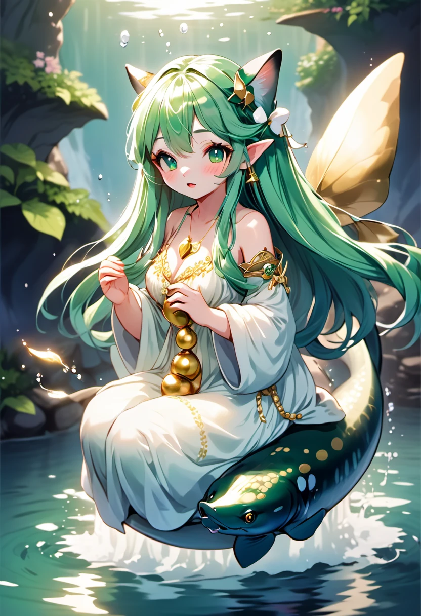 undine fairy, long green hair, half-closed eyes, pale blue skin, white nightgown with very detailed gold embroidery, playing the ocarina while riding a giant catfish going down a river, ecchi anime, dynamic high front angle view, 8K quality