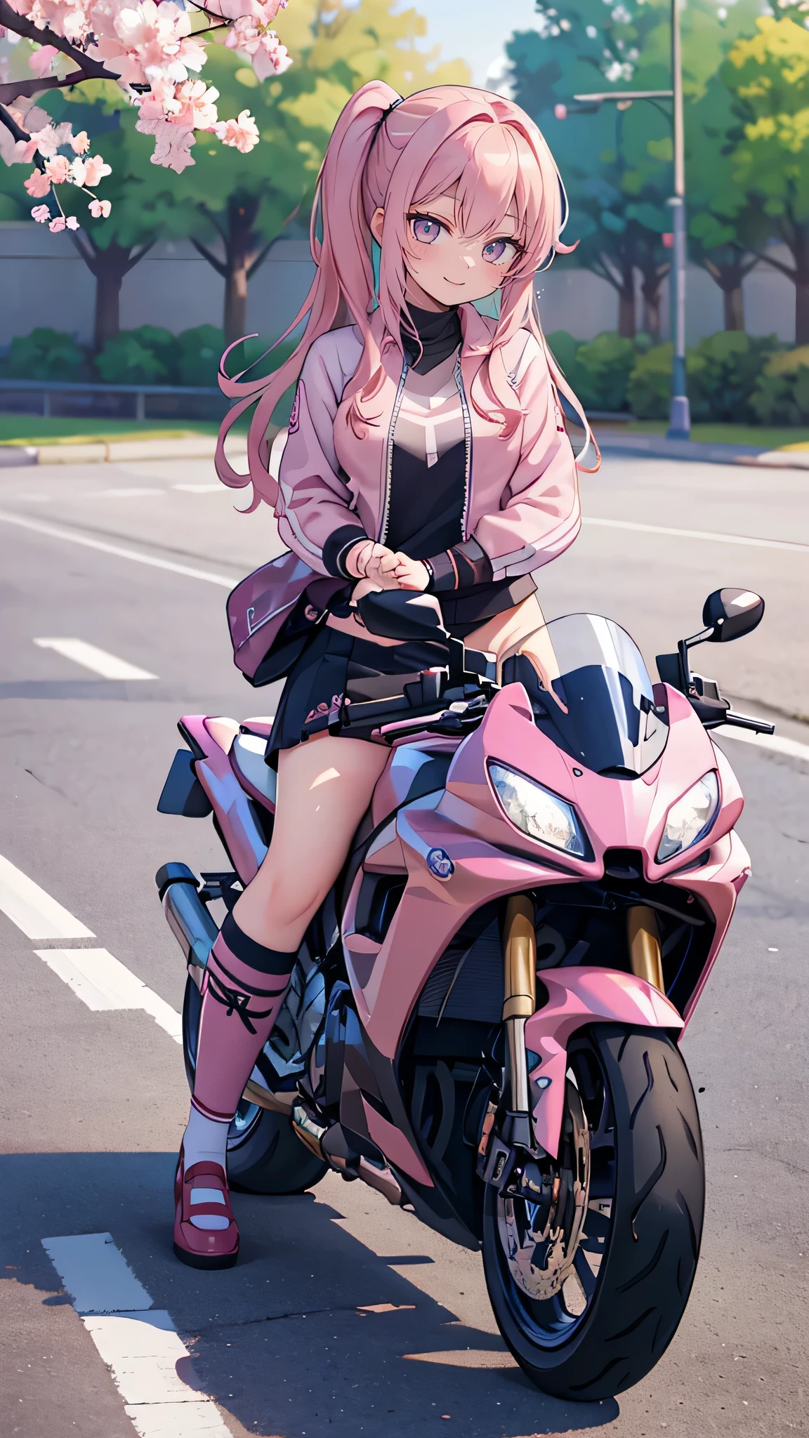 (girl riding a motorcycle:1.2),A park where cherry blossoms dance,high school girl,(random cute pose),(random hairstyle),(Highest image quality,(8K), Ultra-realistic, Best Quality, High quality, High Definition, high quality texture, high detailing, Beautiful detailed, fine detailed, extremely details CG, Detailed texture, realistic representation of face, masterpiece, presence)