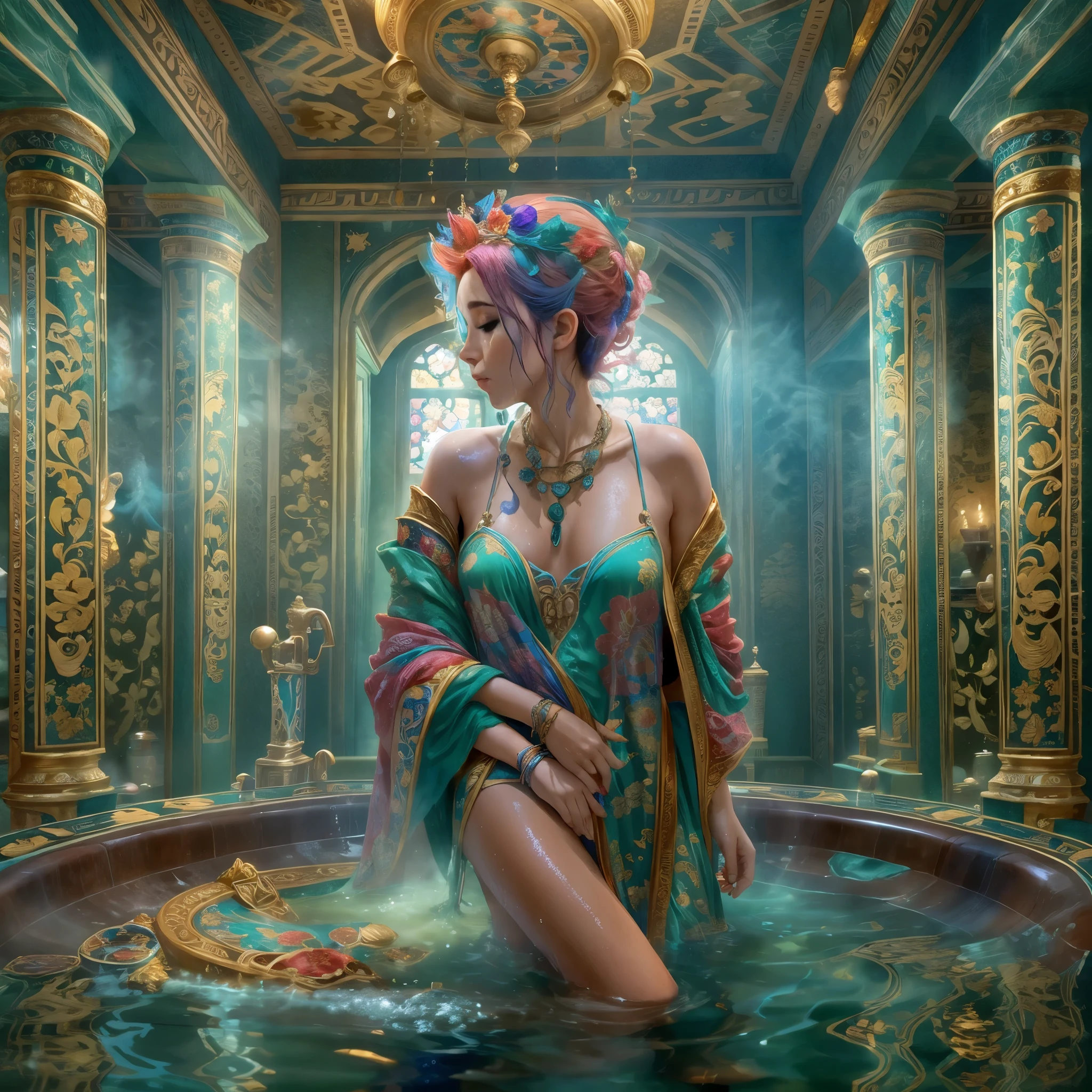 woman with colorful hair and necklace, fantasy palace, regal and ornate bathroom, emerging from her bathtub, wet robe, steamy, masterpiece, 8k, best quality