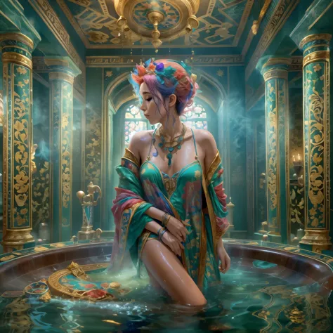 woman with colorful hair and necklace, fantasy palace, regal and ornate bathroom, emerging from her bathtub, wet robe, steamy, m...