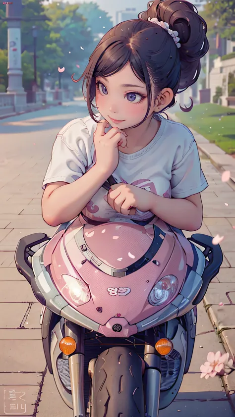 (girl riding a motorcycle:1.2),A park where cherry blossoms dance,high school girl,(random cute pose),(random hairstyle),(Highes...