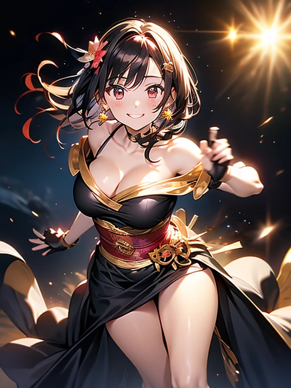 yor briar, anime style beutiful woman, 1girl,fullbody, happy, smile, red face, closed mouth, beautiful detailed eyes, super detailed skin, backlighting, bare shoulders, black background, black dress, black gloves, black hair, breasts, dress, earrings, fingerless gloves, floating hair, floral print, flower, gloves, gold earrings, gold hairband, hair flower, hair ornament, hairband, holding, holding weapon, jewelry, large breasts, long hair, looking at viewer, off-shoulder dress, off shoulder,red eyes, short hair with long locks, sidelocks, solo, spikes, thighs, two-sided dress, two-sided fabric, weapon, fighting stance , face, close up, from above, highest quality, high resolution.