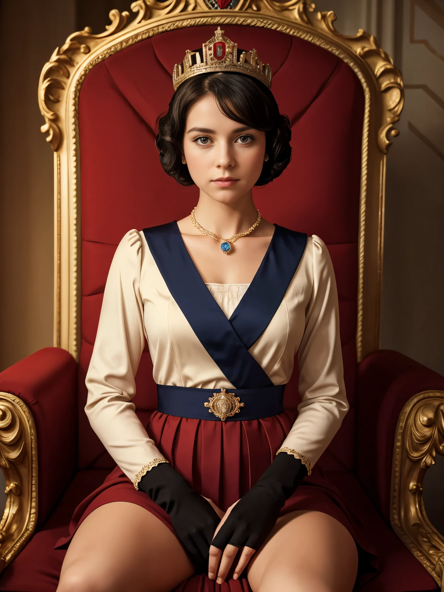 Masterpice, high quality, 8k quality, 1 lady, young Queen Elizabeth 2, Queen of United Kingdom, wearing royal uniform with her crown of Dimond sitting on royal throne, cloth cover all her body included her legs,the royal uniform cover all body including her legs, beautiful face, short black hair, the best photo for the  queen of United Kingdom, the best look for Queen in her young age (30 years), Beckenham Place as background and United Kingdom flag, realistic hands