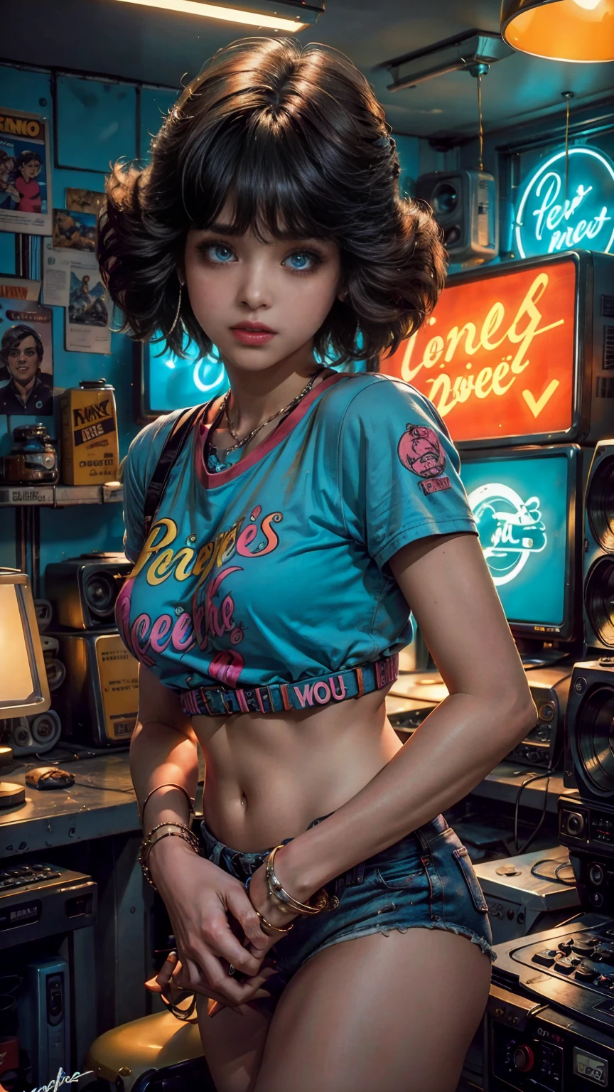 高视野 shot, In the heart of the retro 80's world, a young beautiful woman with 80's style haircut, 80's fashion sexy neon clothing. in a retro gamer room with 80's style, 墙上贴着复古电脑和音乐乐队的海报, 性感姿势, 营造复古氛围, 她周围充满能量和霓虹灯. 场景角度动态高, 捕捉那一刻的紧张感, 优质银眼, 眼睛看着相机, 极其详细, Beautiful and 80's aesthetically pleasing, 杰作, 4K, 极其详细 , 动态高角度, 光线追踪, 中部, 特写, 高视野, 颗粒和硬霓虹灯,