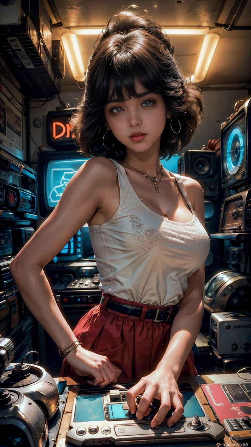 高视野 shot, In the heart of the retro 80's world, a young beautiful woman with 80's style haircut, 80's fashion sexy neon clothing. in a retro gamer room with 80's style, 墙上贴着复古电脑和音乐乐队的海报, 性感姿势, 营造复古氛围, 她周围充满能量和霓虹灯. 场景角度动态高, 捕捉那一刻的紧张感, 优质银眼, 眼睛看着相机, 极其详细, Beautiful and 80's aesthetically pleasing, 杰作, 4K, 极其详细 , 动态高角度, 光线追踪, 中部, 特写, 高视野, 颗粒和硬霓虹灯,