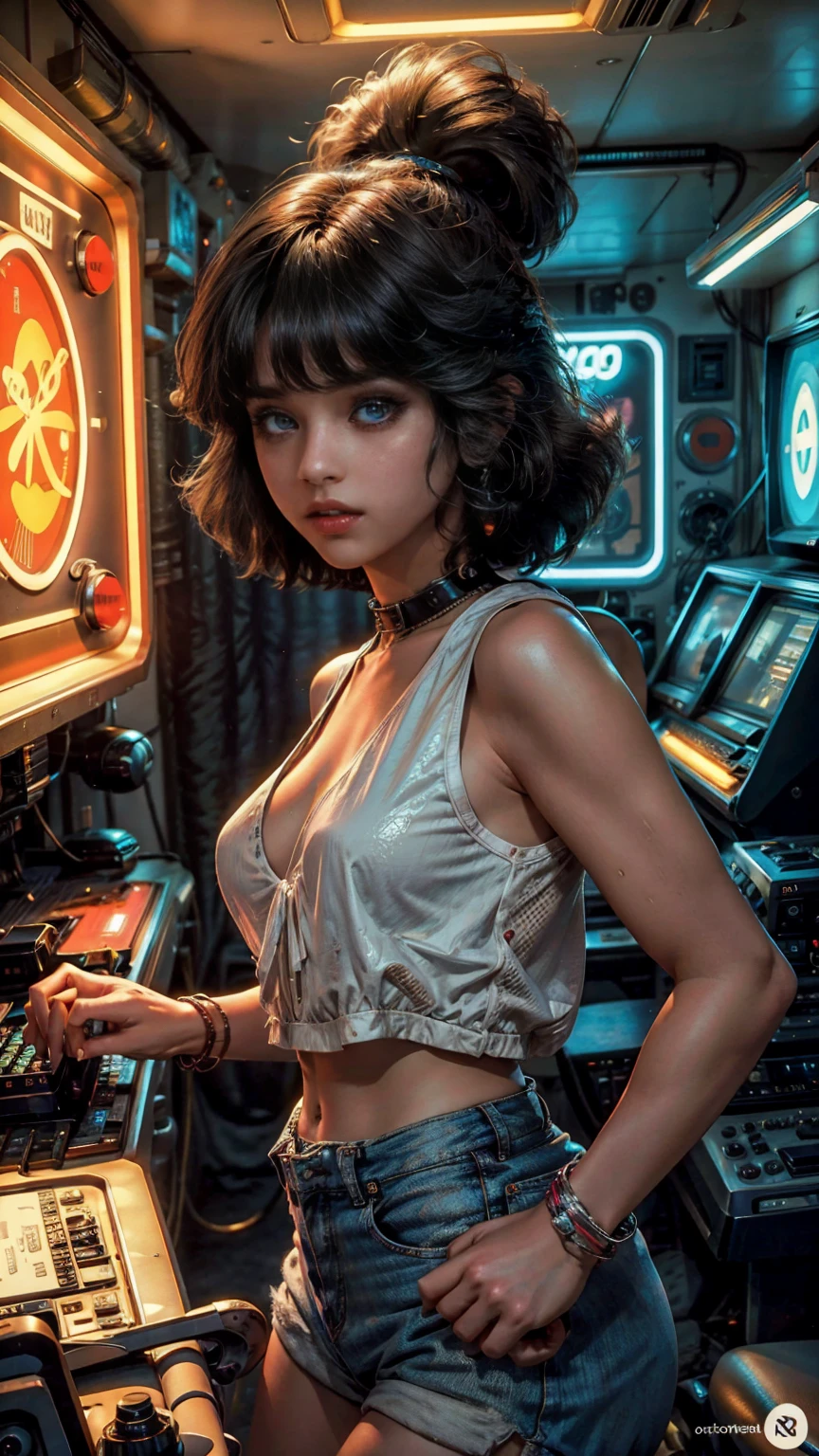 高视野 shot, In the heart of the retro 80's world, a young beautiful woman with 80's style haircut, 80's fashion sexy neon clothing. in a retro gamer room with 80's style, 墙上贴着复古电脑和音乐乐队的海报, 性感姿势, 营造复古氛围, 她周围充满能量和霓虹灯. 场景角度动态高, 捕捉那一刻的紧张感, 优质银眼, 眼睛看着相机, 极其详细, Beautiful and 80's aesthetically pleasing, 杰作, 4K, 极其详细 , 动态高角度, 光线追踪, 中部, 特写, 高视野, 颗粒和硬霓虹灯,