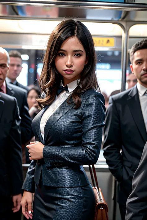 photo of a beautiful business woman, standing in a crowded subway car, (bokeh effect:1.3), a high resolution, Extremely detailed...