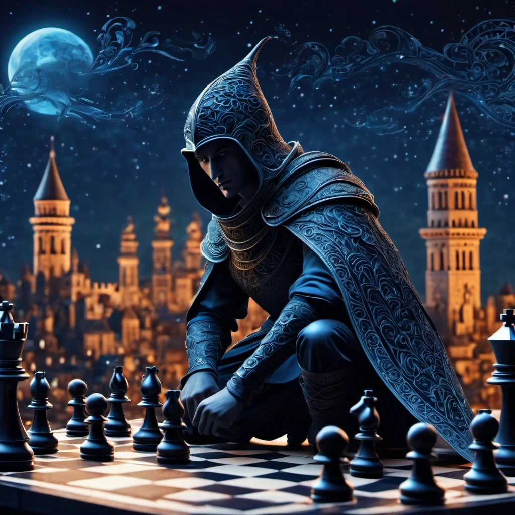 (best quality, highres, ultra sharp), magical chess Swordsman Standing , about the curvature of space time, in a dark night, art deco, zentangle, 3d crunch, cinematic, facing camera, close up, medieval city with chess rooks in the background