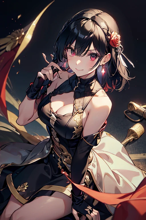 yor briar, anime style beutiful woman, 1girl,fullbody, happy, smile, red face, closed mouth, beautiful detailed eyes, super detailed skin, backlighting, bare shoulders, black background, black dress, black gloves, black hair, breasts, dress, earrings, fingerless gloves, floating hair, floral print, flower, gloves, gold earrings, gold hairband, hair flower, hair ornament, hairband, holding, holding weapon, jewelry, large breasts, long hair, looking at viewer, off-shoulder dress, off shoulder,red eyes, short hair with long locks, sidelocks, solo, spikes, thighs, two-sided dress, two-sided fabric, weapon, fighting stance , face, close up, from above, highest quality, high resolution.