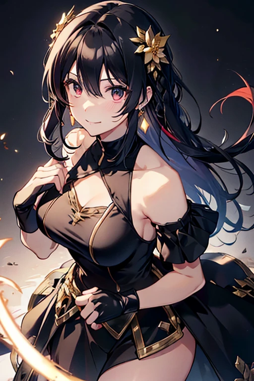 yor briar, anime style beutiful woman, 1girl,fullbody, happy, smile, red face, closed mouth, beautiful detailed eyes, super detailed skin, backlighting, bare shoulders, black background, black dress, black gloves, black hair, breasts, dress, earrings, fingerless gloves, floating hair, floral print, flower, gloves, gold earrings, gold hairband, hair flower, hair ornament, hairband, holding, holding weapon, jewelry, large breasts, long hair, looking at viewer, off-shoulder dress, off shoulder,red eyes, short hair with long locks, sidelocks, solo, spikes, thighs, two-sided dress, two-sided fabric, weapon, fighting stance , face, close up, from above, highest quality, high resolution.