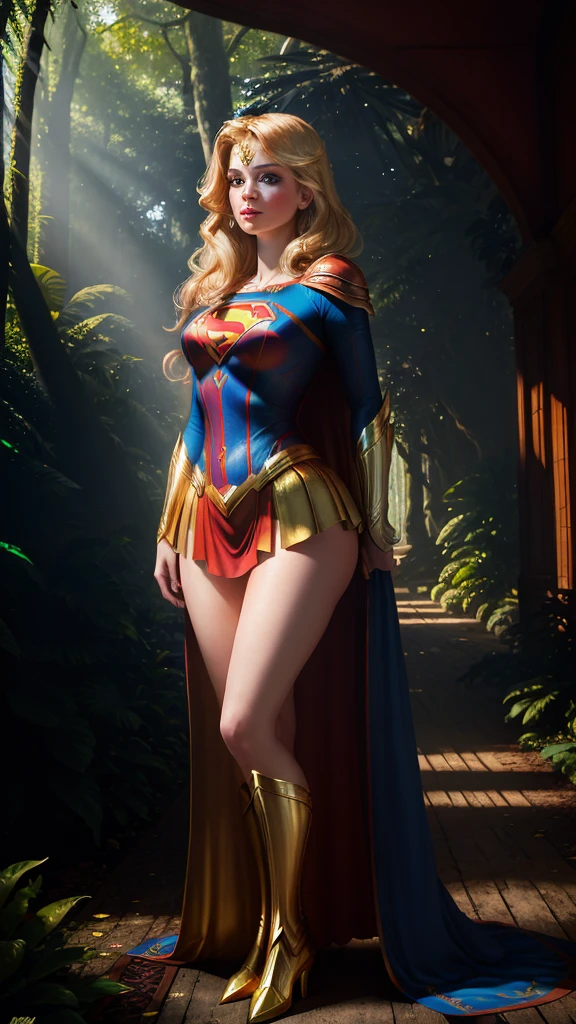 A stunning masterpiece of art featuring the radiant superheroine, Supergirl, comes to life in this high quality, ultra detailed 4k and 8k image. Her ethereal beauty, reminiscent of X-Man, shines through with her porcelain skin, cascading golden blonde hair, and outlined blue eyes that seem to glow with inner power. Dressed in her exquisitely designed superhero attire, she stands tall and proud against the backdrop of a lush forest.

Surrounding her is an opulent mansion, its grandeur reflected in the extreme realism of the image. The leafy canopy overhead filters the sunlight, casting flickering d